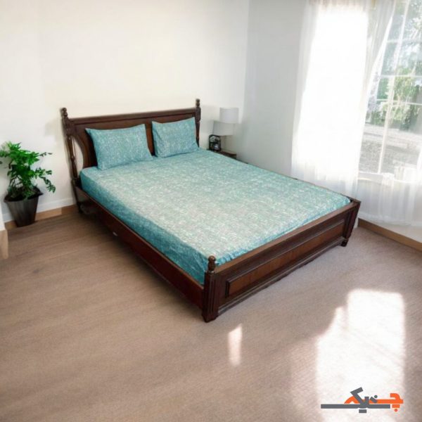 ملحفه کشدار دونفره طرح پتینه سبزآبی (فیروزه‌ای)